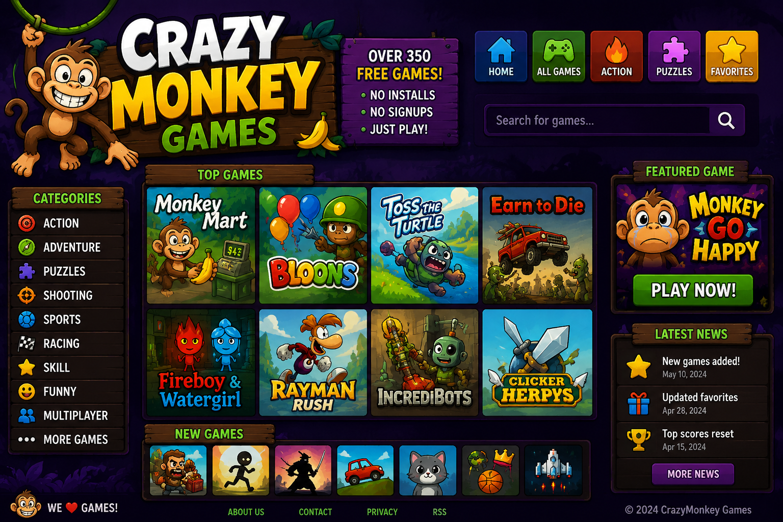 CrazyMonkey Games — browser game website preview