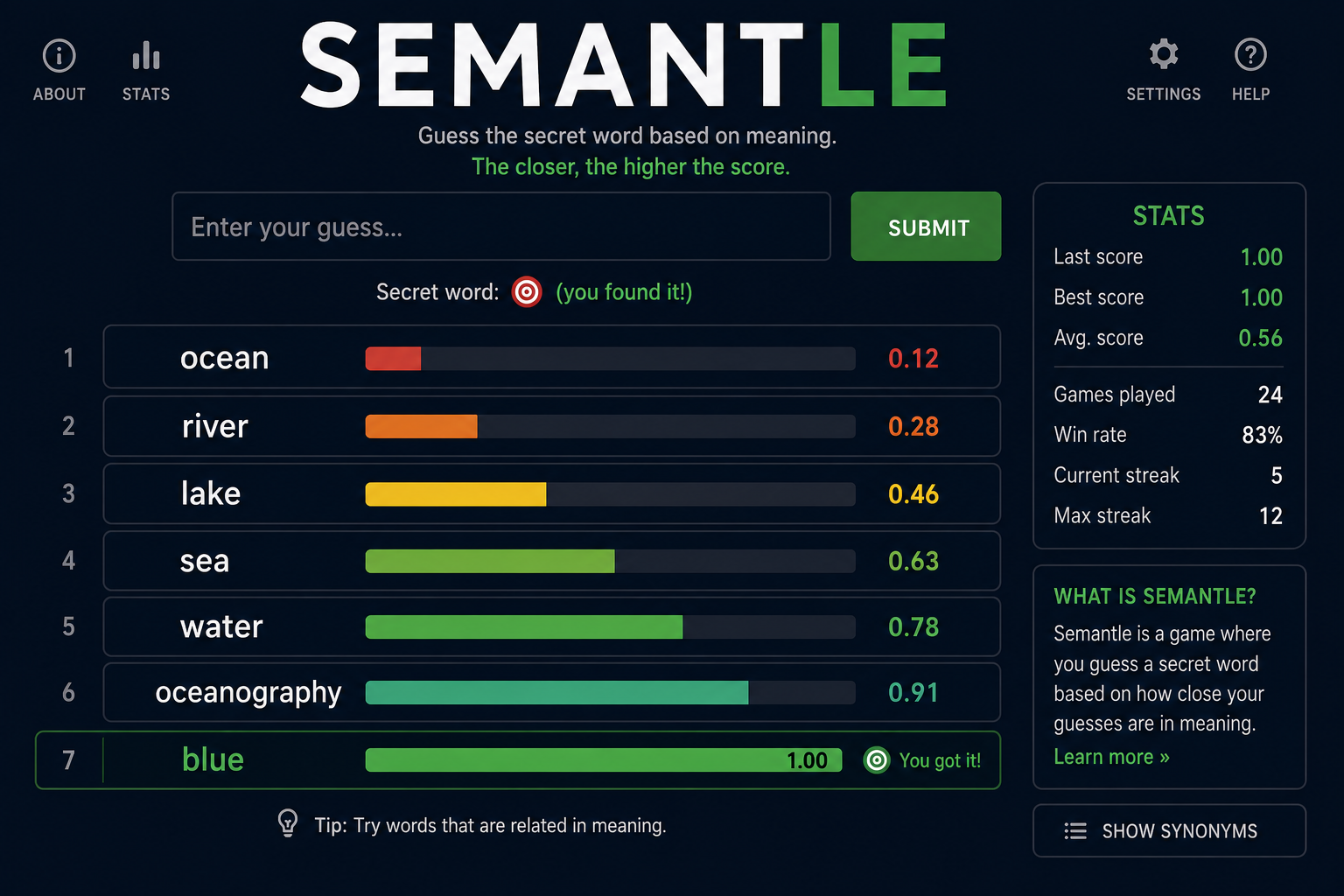 Semantle — browser game website preview